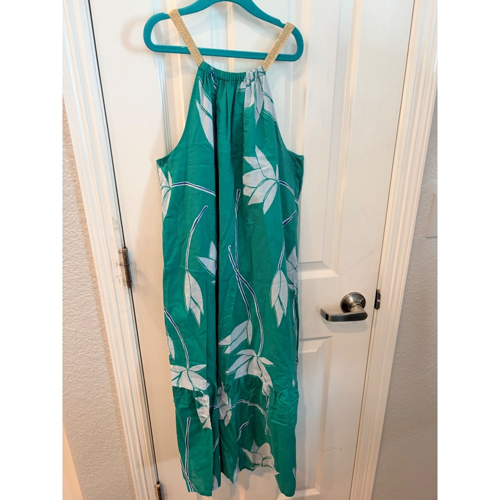 Tea Collection Maxi Dress Green Floral Gold Halter Tiered Lotus Print Dress 16